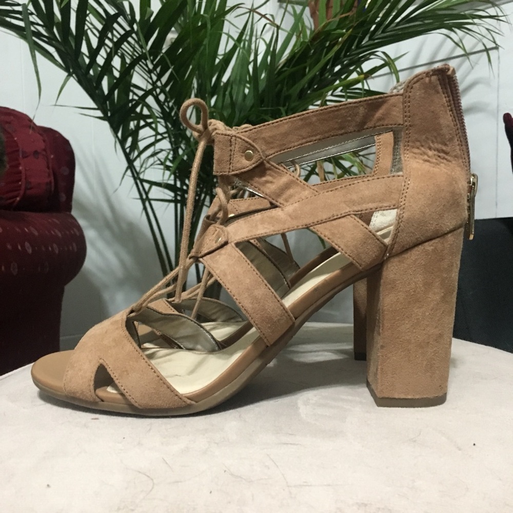 Tan chunky heel lace up strappy sandals